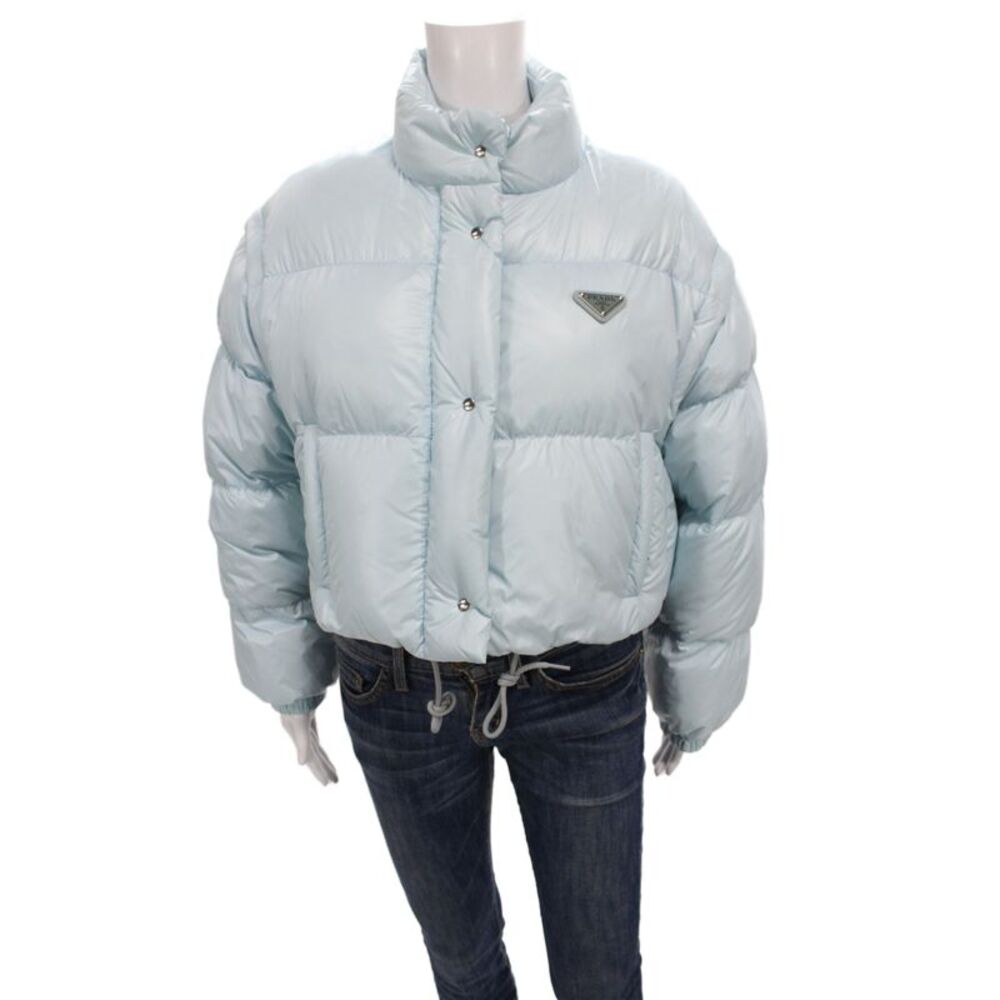 Prada Womens Blue Recycled Polyamide Puffer Jacket Snap Closure Size 38